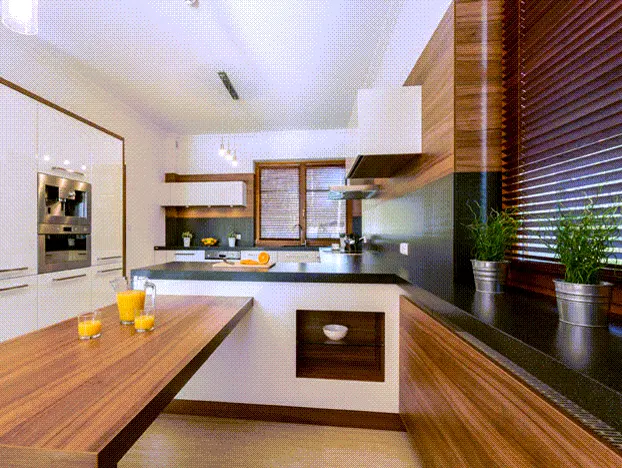 Wood blinds installed on kitchen windows